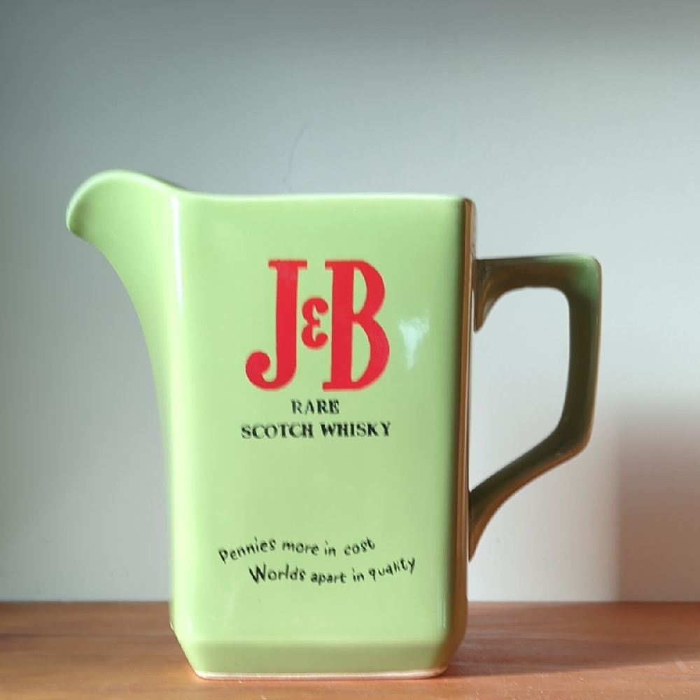 J&B Rare Scotch Whiskey Advertisement Red & Avacodo Green Retro Ceramic Pitcher